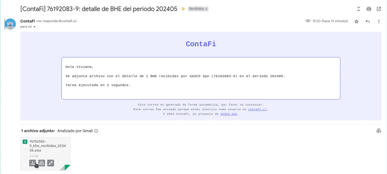 Email con información de boletas