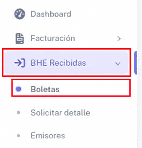 Opción Boletas en BHE recibidas de ContaFi