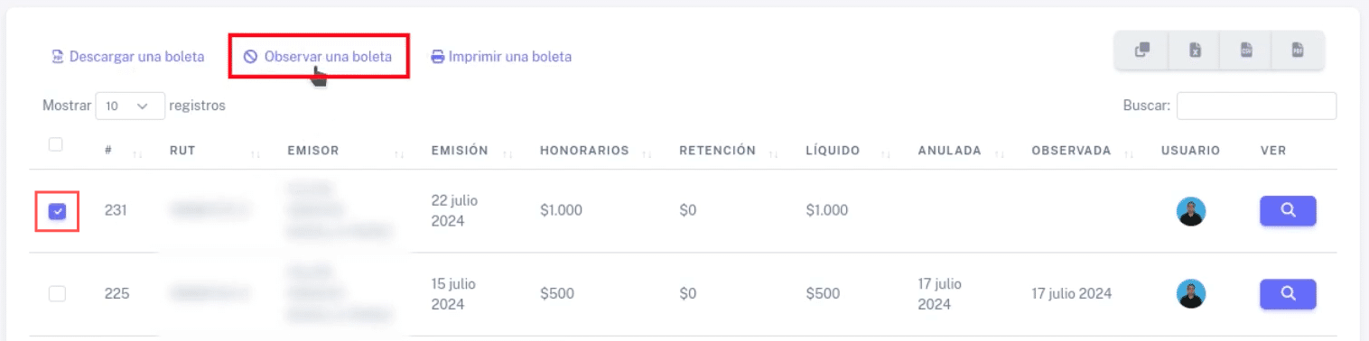 Seleccionar boletas y botón de Observar una boleta