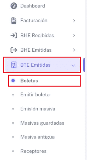 Opción Boletas en BTE emitidas