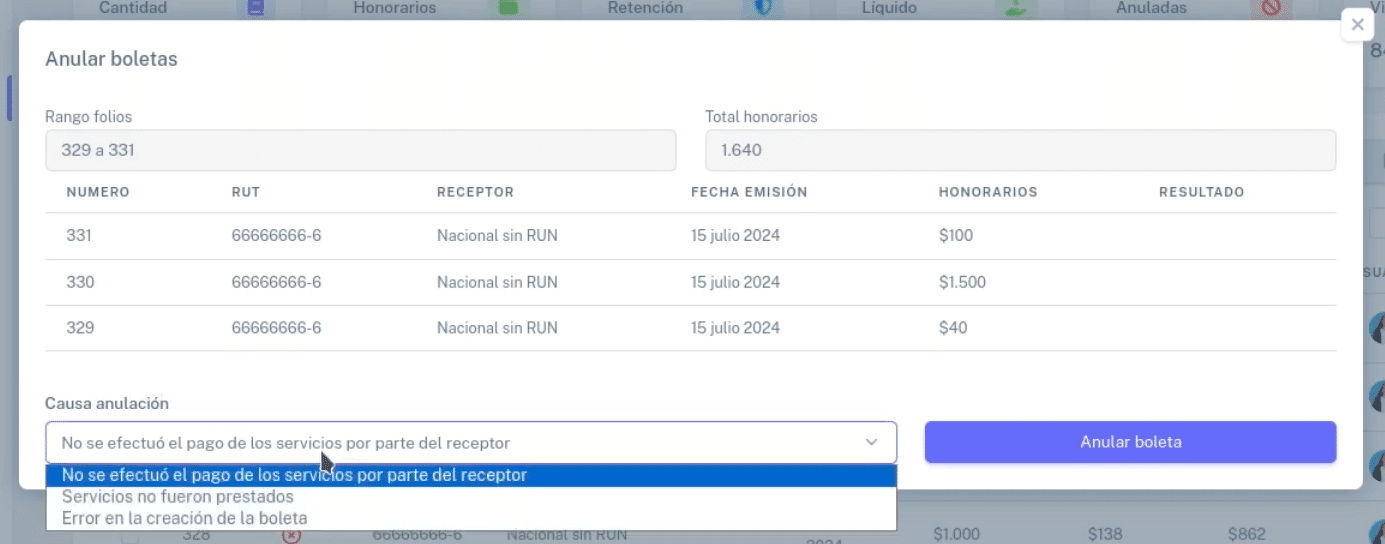 Ventana para seleccionar Causa de anulación