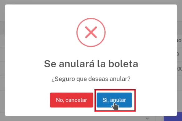 Ventana para confirmar la anulación de boletas