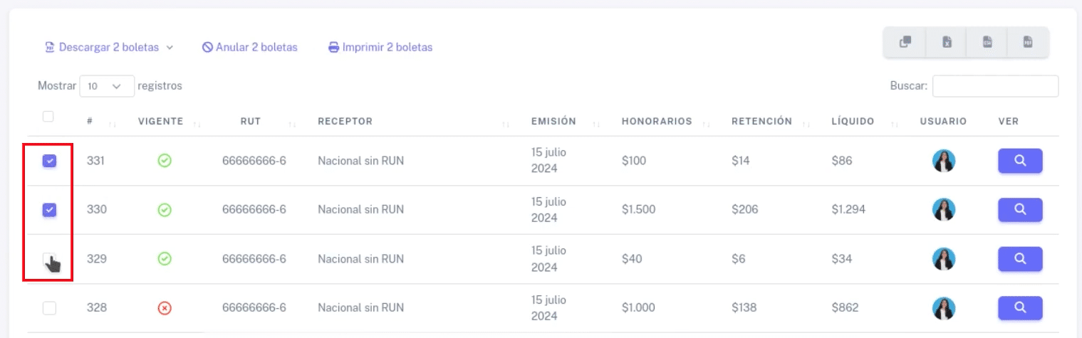 Boletas seleccionadas para anular