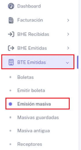 Opción Emisión masiva en BTE emitidas