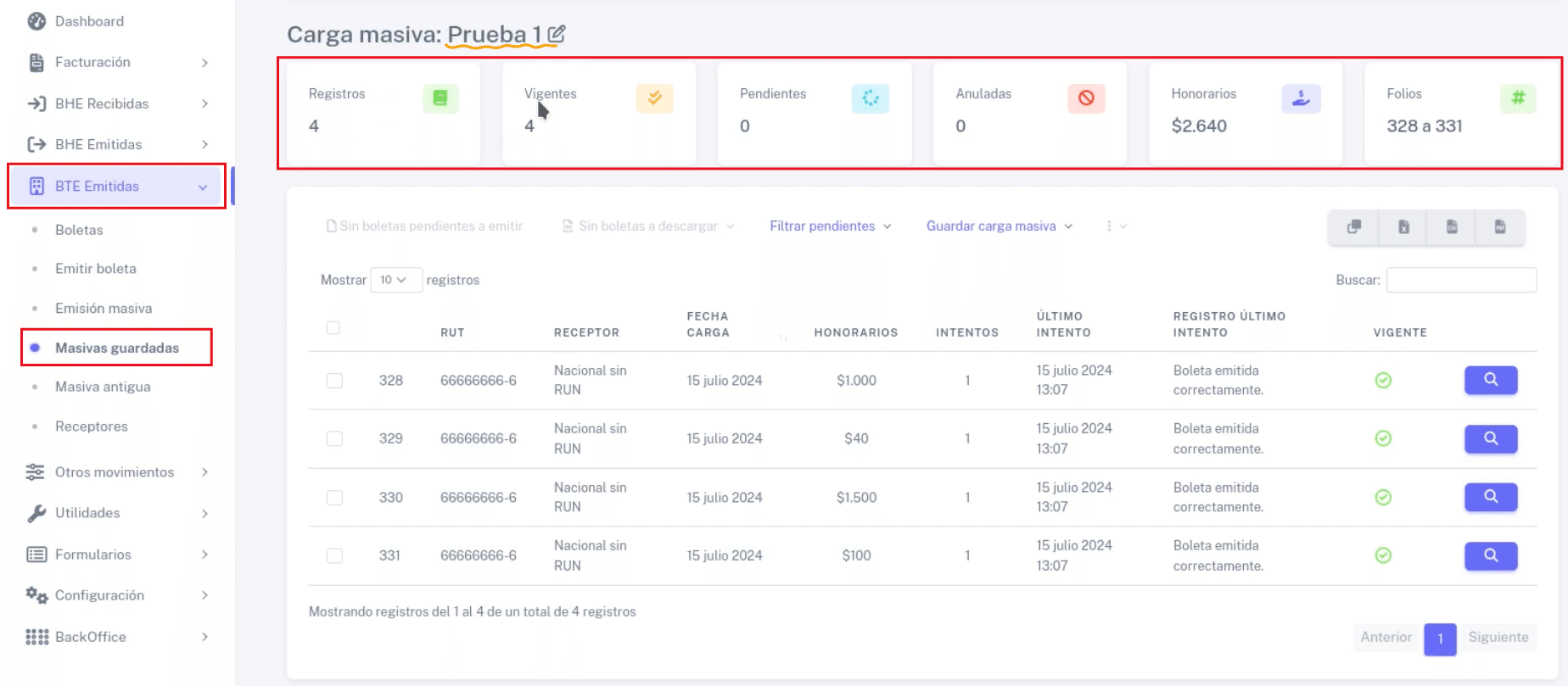 Página de Masivas guardadas