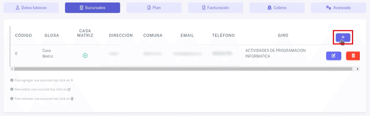 Pestaña Sucursales de ContaFi