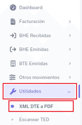 Opción XML DTE a PDF en Utilidades