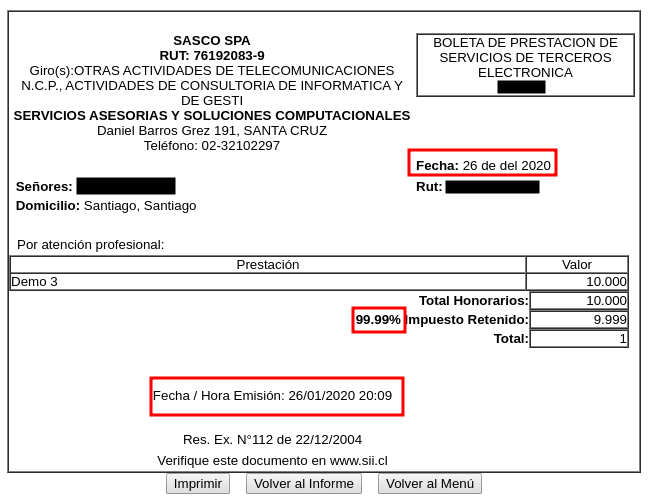 Boleta con tasa de retención 99,9%